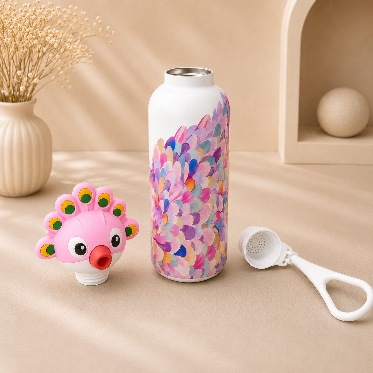 AFRESH 365 Animal Head Collection Pink Peacock Stainless Steel Vacuum Insulated Water Bottle 560ml (19oz) with Tea Infuser Filter