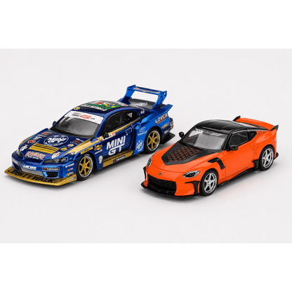 MINI GT 1:64 (Blister Pack) Nissan Silvia (S15) #555 LB-Super Silhouette Team MINI GT Liberty Walk 2025 Formula Drift & Nissan Z VeilSide FFZ400 Orange Die-Cast Model Car Set