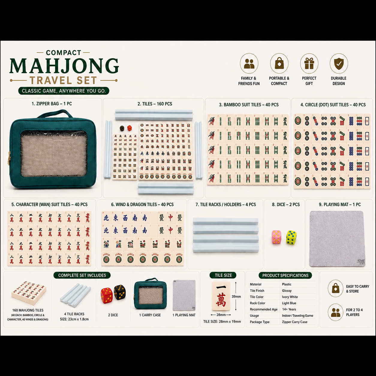 MOJO Compact American Mahjong Set with Carry Case – 160 Tiles (35mm), 10 Jokers, Racks, Mat & Dice | Portable Travel Mahjong Game Set