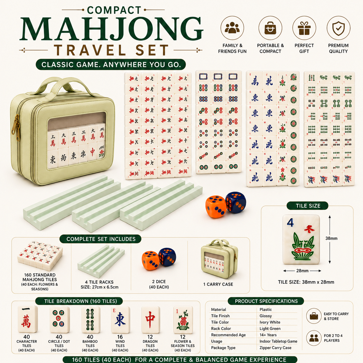 MOJO Compact American Mahjong Set with Carry Case – 160 Tiles (35mm), 10 Jokers, Racks, Mat & Dice | Portable Travel Mahjong Game Set