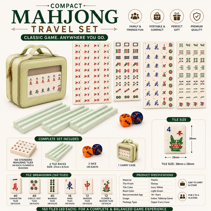 MOJO Compact American Mahjong Set with Carry Case – 160 Tiles (35mm), 10 Jokers, Racks, Mat & Dice | Portable Travel Mahjong Game Set
