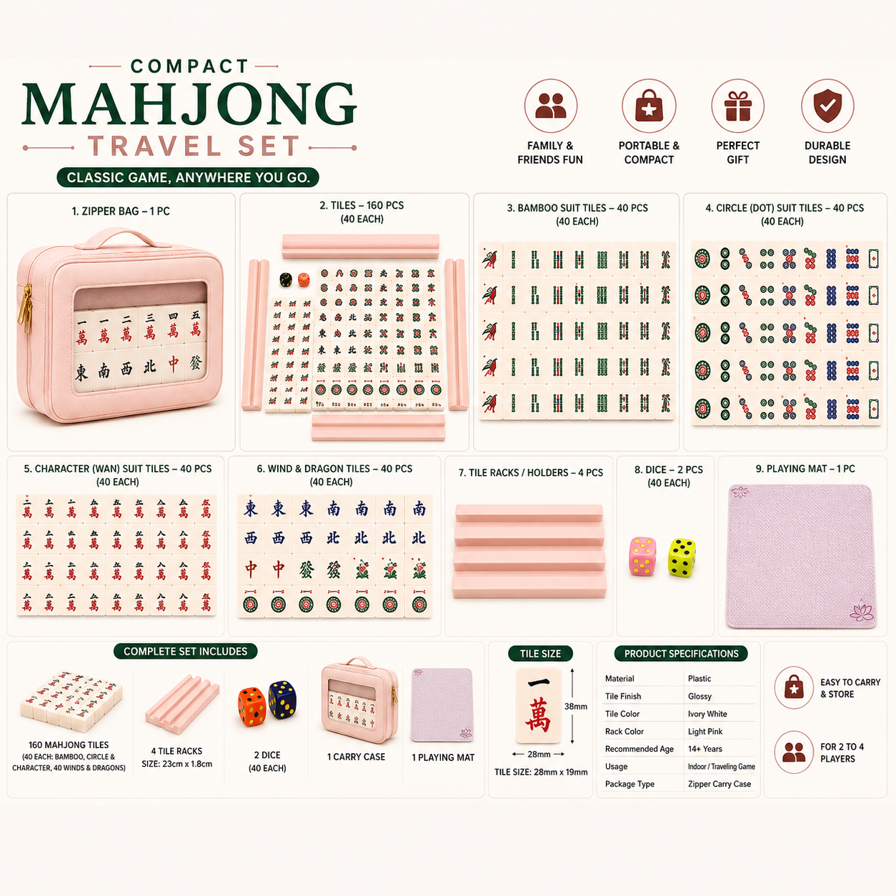 MOJO Compact American Mahjong Set with Carry Case – 160 Tiles (35mm), 10 Jokers, Racks, Mat & Dice | Portable Travel Mahjong Game Set