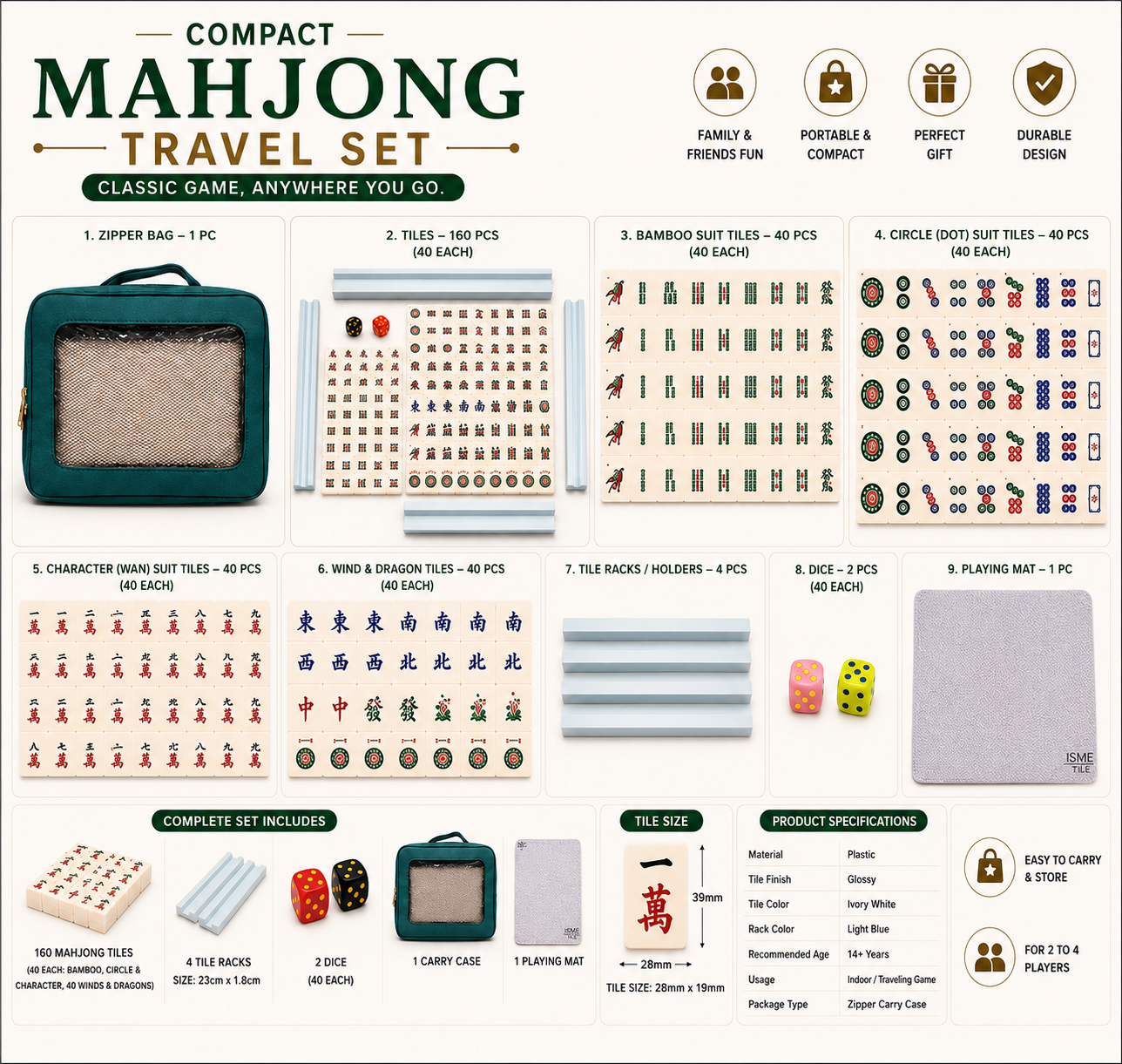 MOJO Compact American Mahjong Set with Carry Case – 160 Tiles (35mm), 10 Jokers, Racks, Mat & Dice | Portable Travel Mahjong Game Set