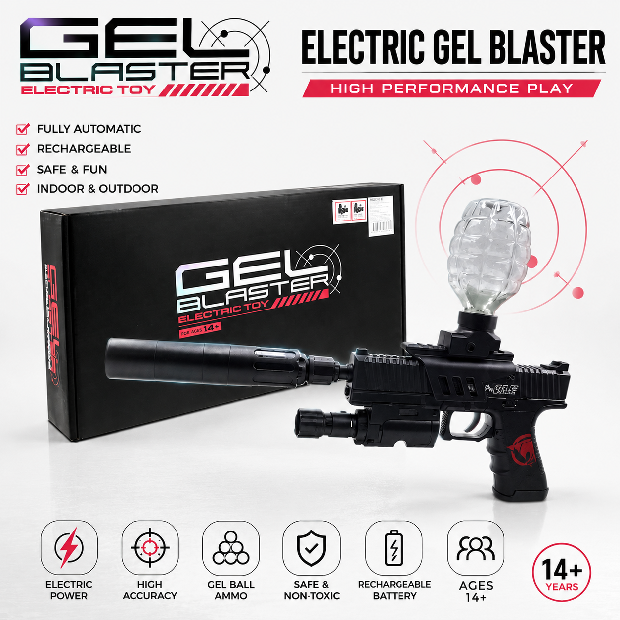 Gel Blaster Electric Toy Pistol with Laser Sight, Scope & Silencer Accessories | Water Gel Bead Shooting Toy | Black
