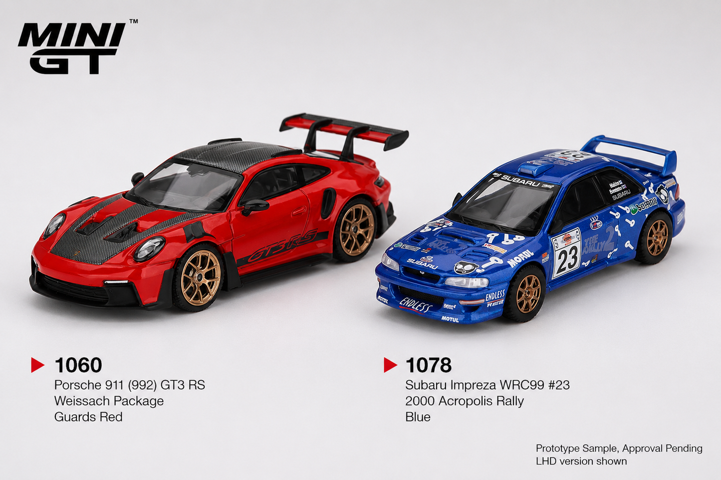 Mini GT 1:64 Porsche 911 (992) GT3 RS Weissach Package Guards Red MGT01060 & Subaru Impreza WRC99 #23 2000 Acropolis Rally Diecast Model Cars