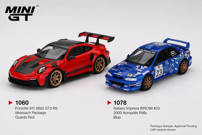 Mini GT 1:64 Porsche 911 (992) GT3 RS Weissach Package Guards Red MGT01060 & Subaru Impreza WRC99 #23 2000 Acropolis Rally Diecast Model Cars
