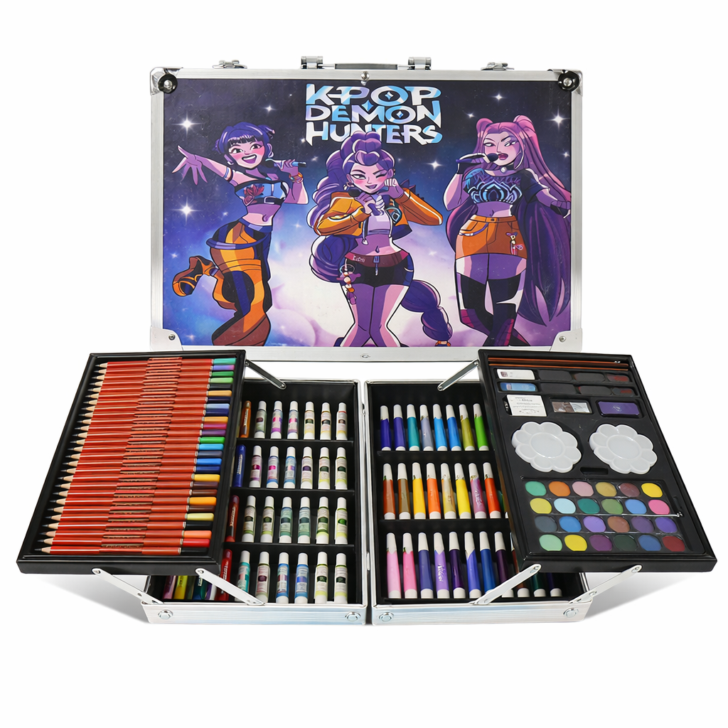 KPOP Demon Hunters Kids Art Kit 145+ Pieces | Aluminum Colouring Set with Crayons, Markers & Paints
