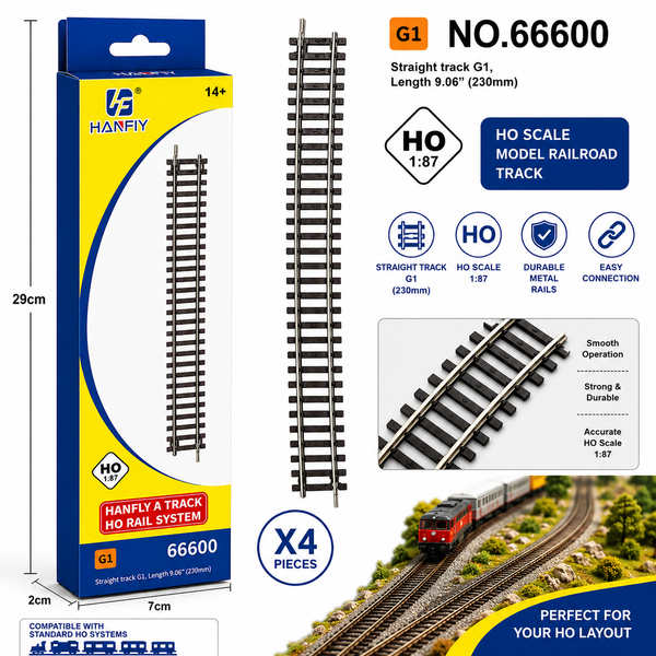 HANFLY HO Scale Straight Track G1 230mm | Model Train Railway Track Set | 1:87 Scale NO.66600 (Pack of 4)
