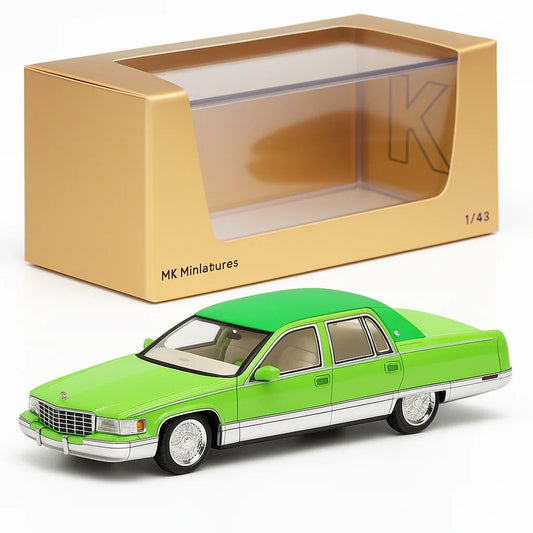 MK Miniatures 1:64 Cadillac Fleetwood Lowrider – Metallic Green Die-Cast Model Car with Display Case