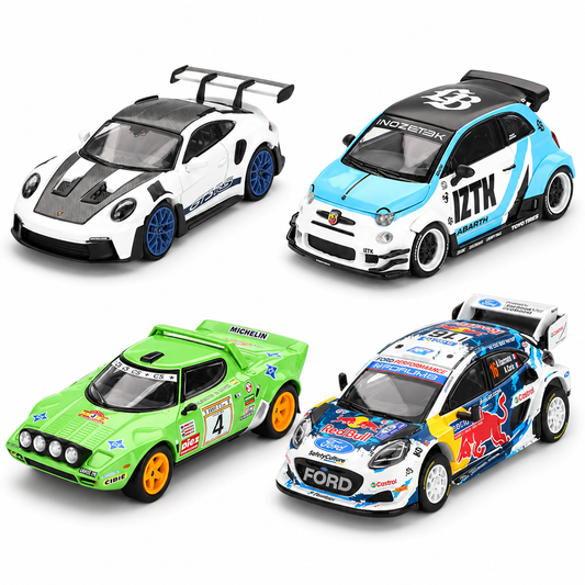 MINI GT 1:64 Die-Cast Car Set of 4 – Porsche 911 GT3 RS, Ford Puma Rally1, Abarth 595 LB-WORKS & Lancia Stratos HF Premium Diecast Model Cars