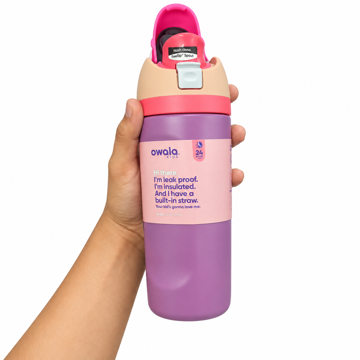 Owala Kids 475 ml (16 oz) Insulated Stainless Steel Water Bottle with Push-Button Lid, Built-In Straw, Leak-Proof Lock & 24-Hour Cold Retention – Ages 3+