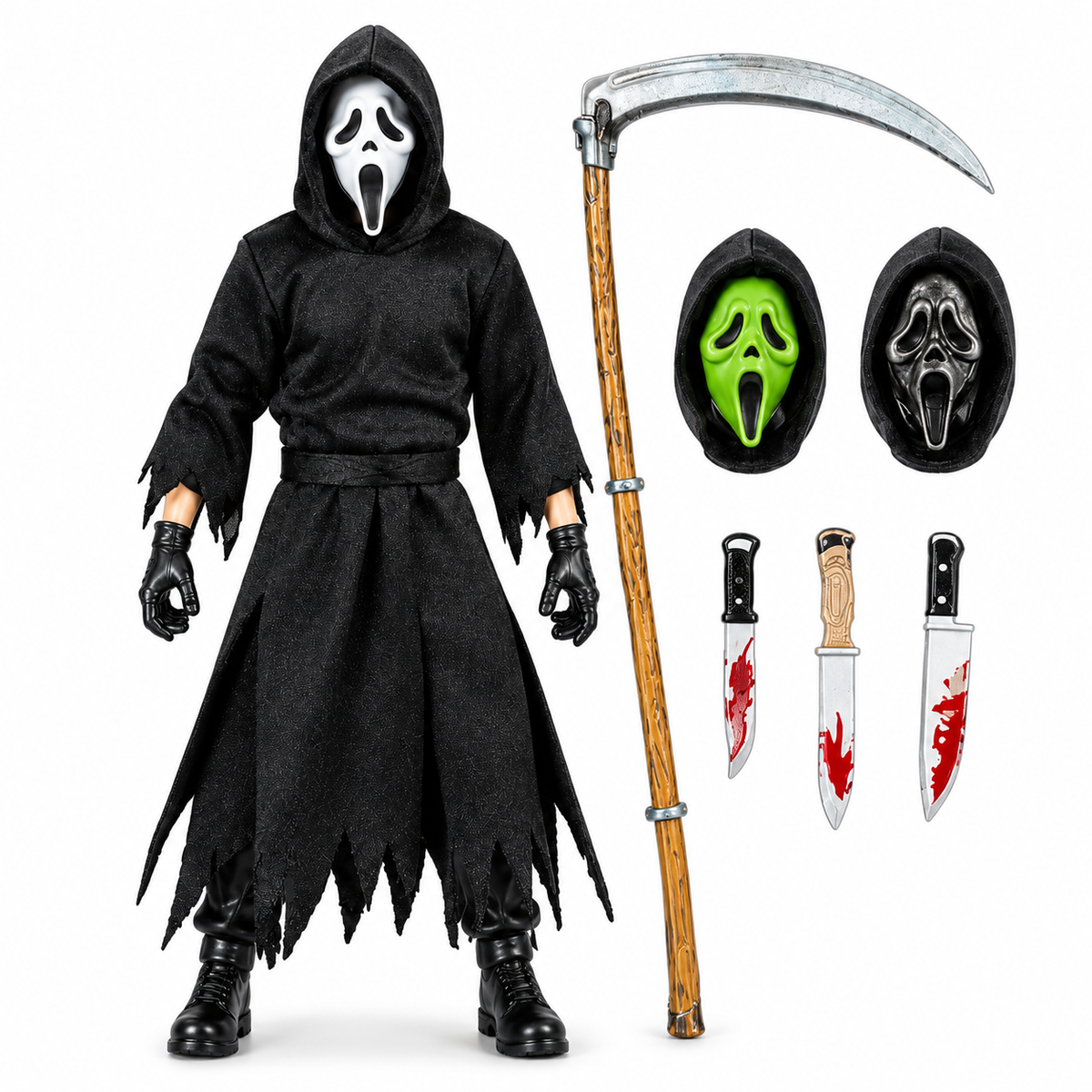 Ghost Face The Icon of Halloween Action Figure Set with Scythe, 3 Knives & Interchangeable Masks | Horror Collectible Figure for Kids & Collectors Ages 6+