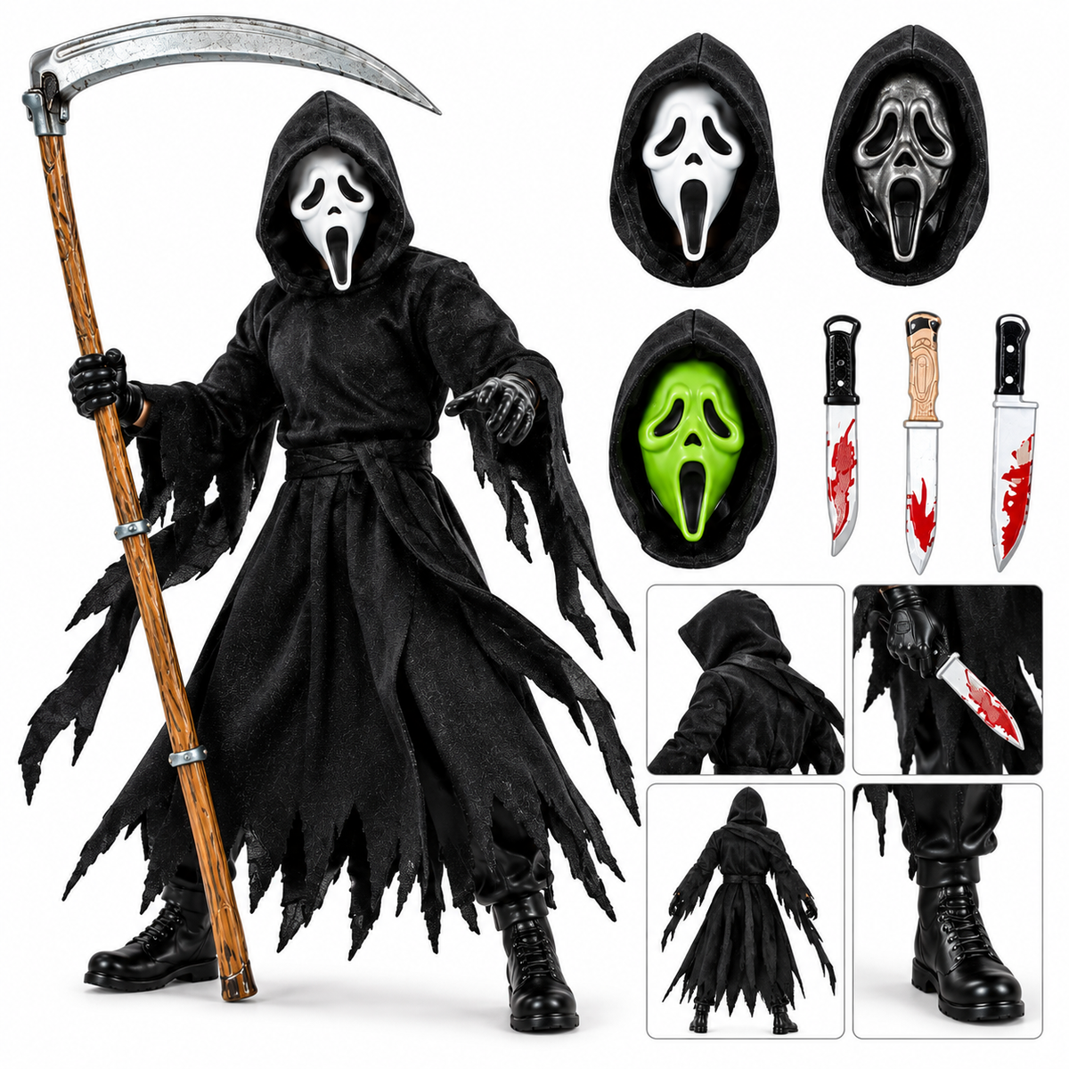 Ghost Face The Icon of Halloween Action Figure Set with Scythe, 3 Knives & Interchangeable Masks | Horror Collectible Figure for Kids & Collectors Ages 6+