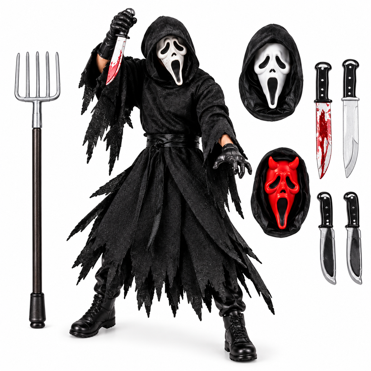 Ghost Face Friday the 13th Horror Action Figure Set with Pitchfork, Knives & Interchangeable Masks | Halloween Collectible Figure for Kids & Horror Fans Ages 6+