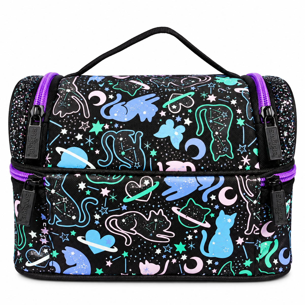 Smiggle Junior Backpack Lunch Bag for Kids – Insulated School Lunch Bag with Carry Handle, Double Zip Design, Glitter Finish & Colourful Cosmic Cat Print – Black & Purple