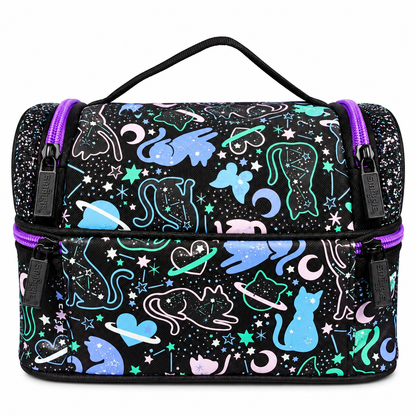 Smiggle Junior Backpack Lunch Bag for Kids – Insulated School Lunch Bag with Carry Handle, Double Zip Design, Glitter Finish & Colourful Cosmic Cat Print – Black & Purple