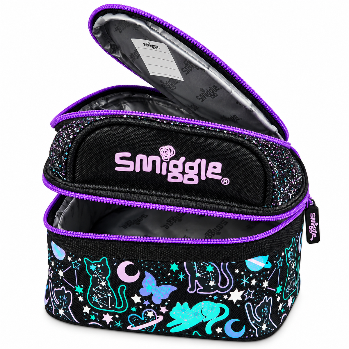 Smiggle Junior Backpack Lunch Bag for Kids – Insulated School Lunch Bag with Carry Handle, Double Zip Design, Glitter Finish & Colourful Cosmic Cat Print – Black & Purple