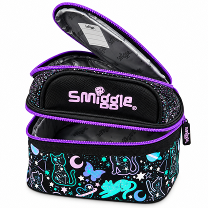 Smiggle Junior Backpack Lunch Bag for Kids – Insulated School Lunch Bag with Carry Handle, Double Zip Design, Glitter Finish & Colourful Cosmic Cat Print – Black & Purple