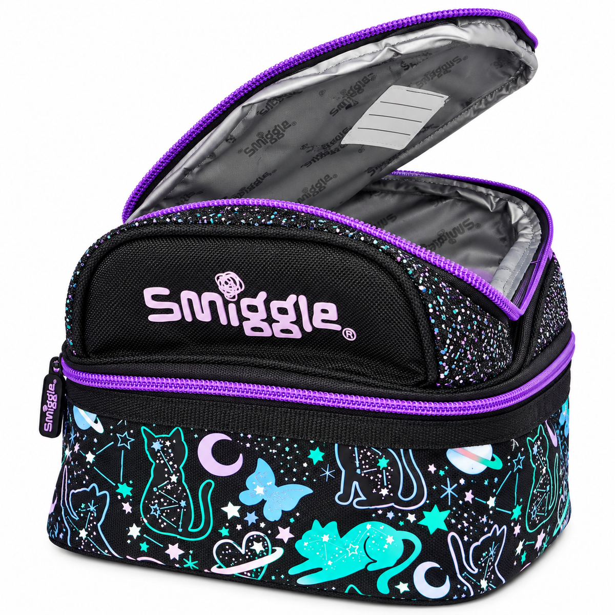 Smiggle Junior Backpack Lunch Bag for Kids – Insulated School Lunch Bag with Carry Handle, Double Zip Design, Glitter Finish & Colourful Cosmic Cat Print – Black & Purple