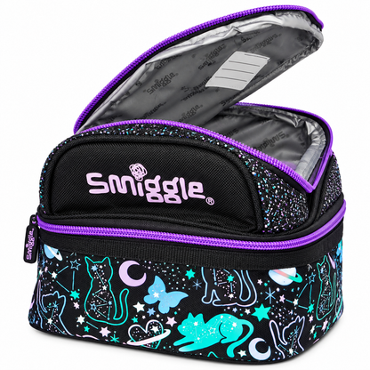 Smiggle Junior Backpack Lunch Bag for Kids – Insulated School Lunch Bag with Carry Handle, Double Zip Design, Glitter Finish & Colourful Cosmic Cat Print – Black & Purple