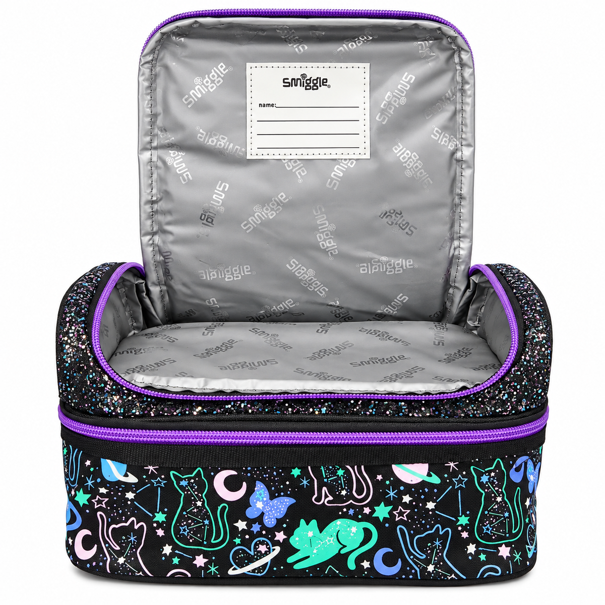 Smiggle Junior Backpack Lunch Bag for Kids – Insulated School Lunch Bag with Carry Handle, Double Zip Design, Glitter Finish & Colourful Cosmic Cat Print – Black & Purple