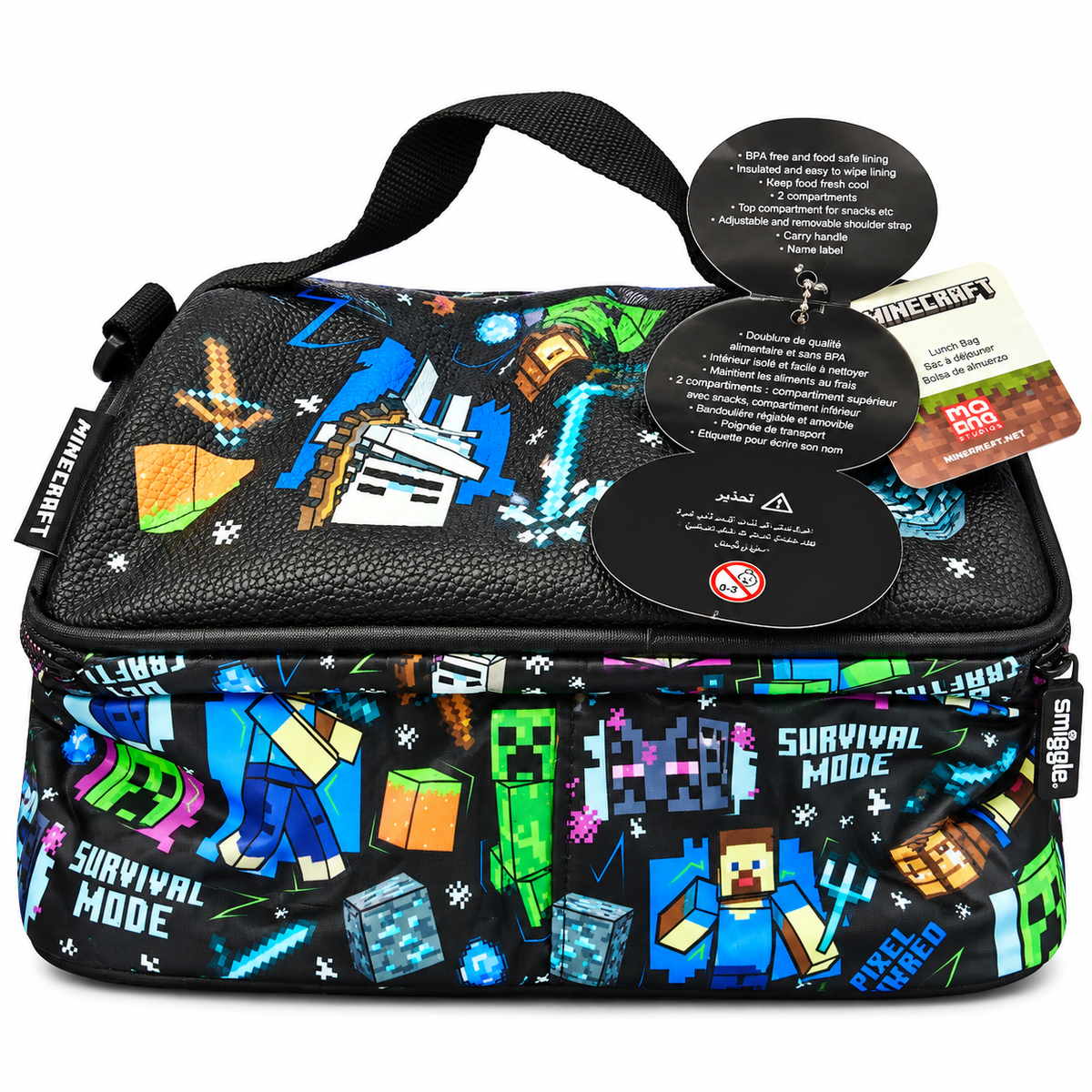 Smiggle x Minecraft Insulated Lunch Bag for Kids – Dual Compartment School Lunch Box with Carry Handle, Adjustable Shoulder Strap & Pixel Character Print – Black