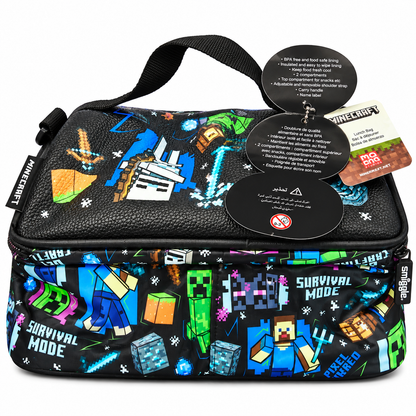 Smiggle x Minecraft Insulated Lunch Bag for Kids – Dual Compartment School Lunch Box with Carry Handle, Adjustable Shoulder Strap & Pixel Character Print – Black