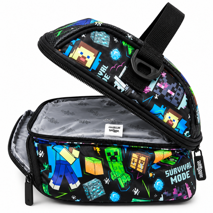 Smiggle x Minecraft Insulated Lunch Bag for Kids – Dual Compartment School Lunch Box with Carry Handle, Adjustable Shoulder Strap & Pixel Character Print – Black