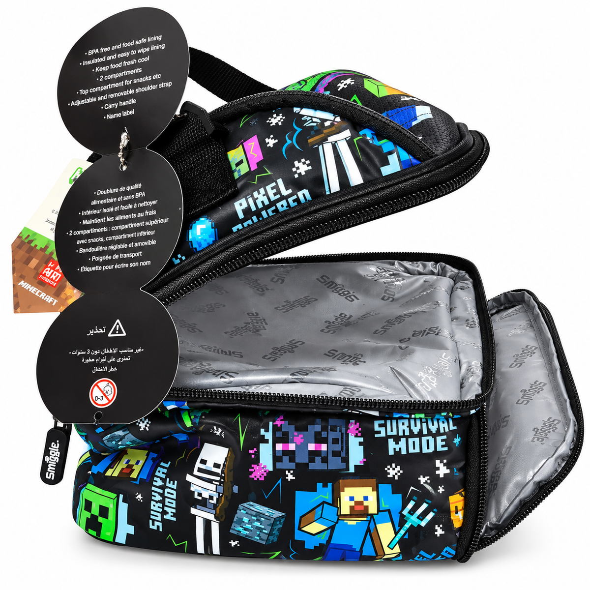 Smiggle x Minecraft Insulated Lunch Bag for Kids – Dual Compartment School Lunch Box with Carry Handle, Adjustable Shoulder Strap & Pixel Character Print – Black