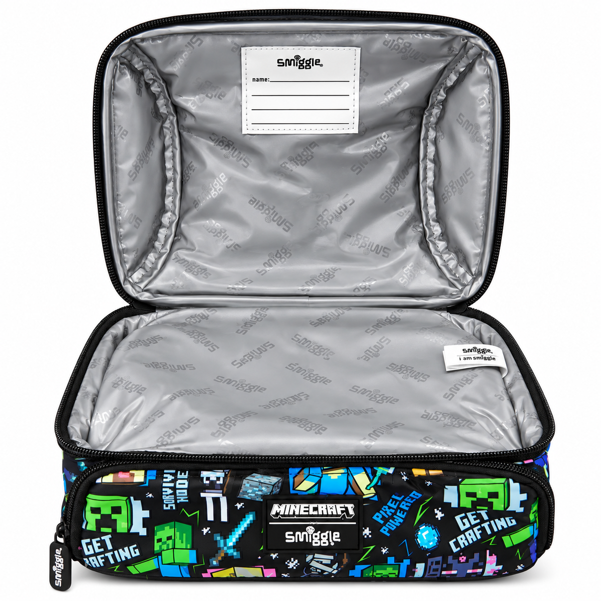 Smiggle x Minecraft Insulated Lunch Bag for Kids – Dual Compartment School Lunch Box with Carry Handle, Adjustable Shoulder Strap & Pixel Character Print – Black