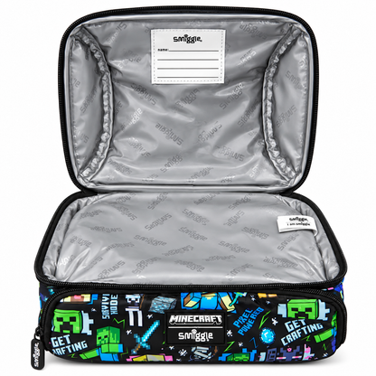Smiggle x Minecraft Insulated Lunch Bag for Kids – Dual Compartment School Lunch Box with Carry Handle, Adjustable Shoulder Strap & Pixel Character Print – Black
