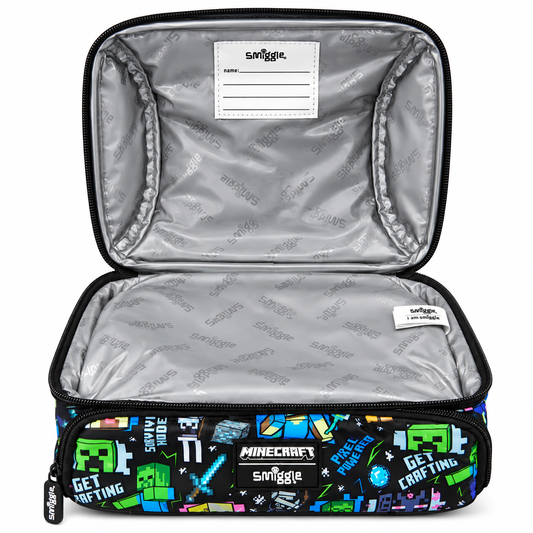 Smiggle x Minecraft Insulated Lunch Bag for Kids – Dual Compartment School Lunch Box with Carry Handle, Adjustable Shoulder Strap & Pixel Character Print – Black