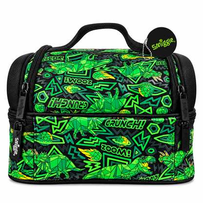 Smiggle Classic Lunchbox for Kids – Insulated Double-Zip School Lunch Bag with Carry Handle, Dinosaur Print – Green & Black