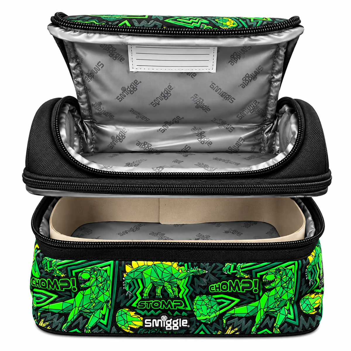 Smiggle Classic Lunchbox for Kids – Insulated Double-Zip School Lunch Bag with Carry Handle, Dinosaur Print – Green & Black
