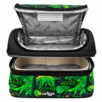 Smiggle Classic Lunchbox for Kids – Insulated Double-Zip School Lunch Bag with Carry Handle, Dinosaur Print – Green & Black