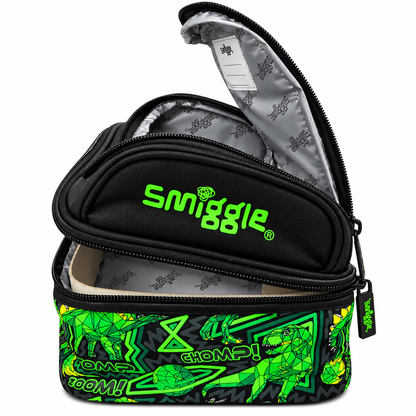 Smiggle Classic Lunchbox for Kids – Insulated Double-Zip School Lunch Bag with Carry Handle, Dinosaur Print – Green & Black