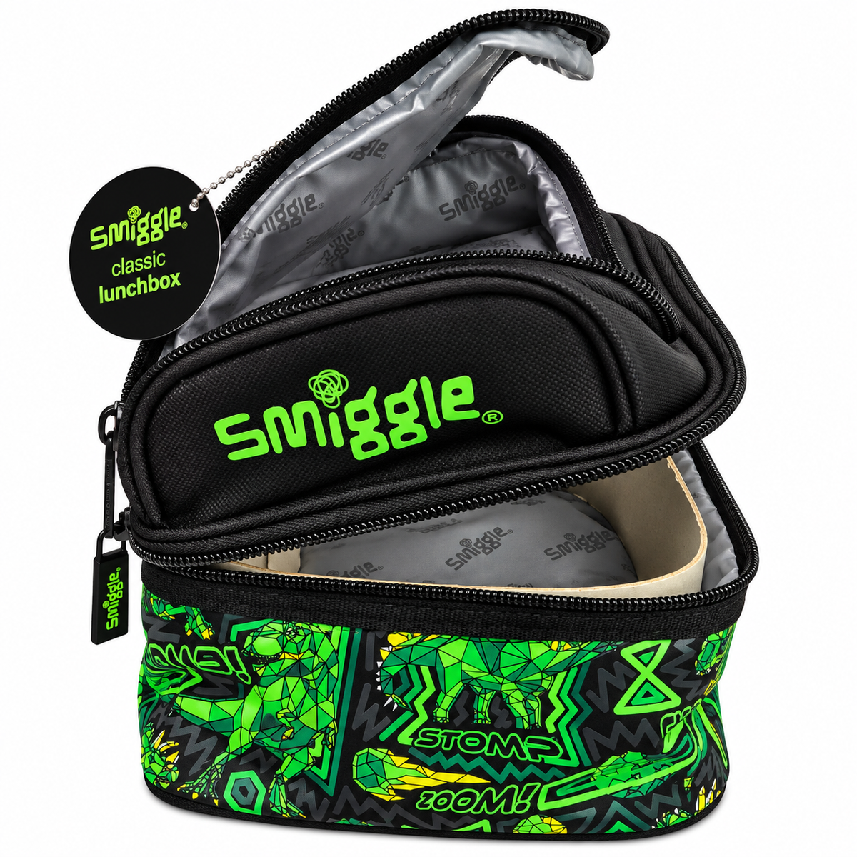 Smiggle Classic Lunchbox for Kids – Insulated Double-Zip School Lunch Bag with Carry Handle, Dinosaur Print – Green & Black