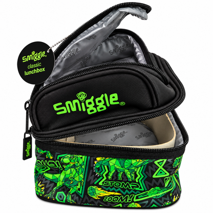 Smiggle Classic Lunchbox for Kids – Insulated Double-Zip School Lunch Bag with Carry Handle, Dinosaur Print – Green & Black