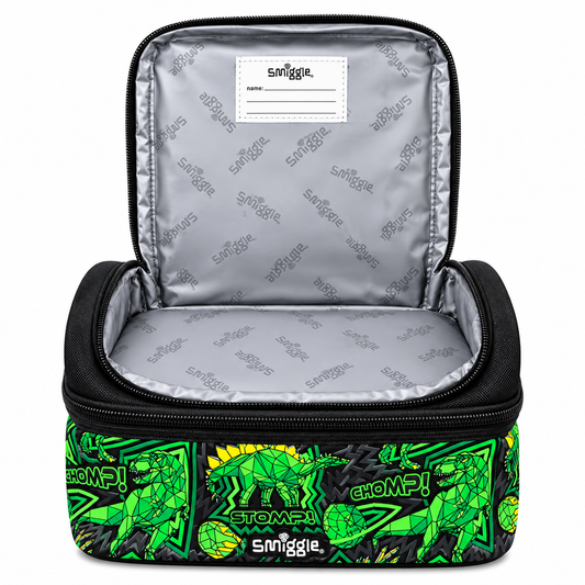 Smiggle Classic Lunchbox for Kids – Insulated Double-Zip School Lunch Bag with Carry Handle, Dinosaur Print – Green & Black