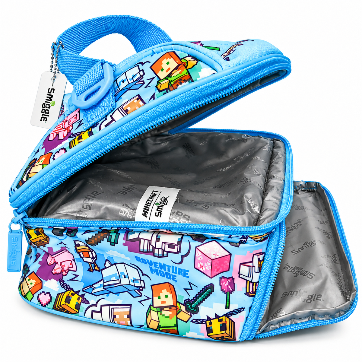 Smiggle x Minecraft Classic Lunchbox for Kids – Insulated Double-Zip School Lunch Bag with Carry Handle, Pixel Character Print – Blue