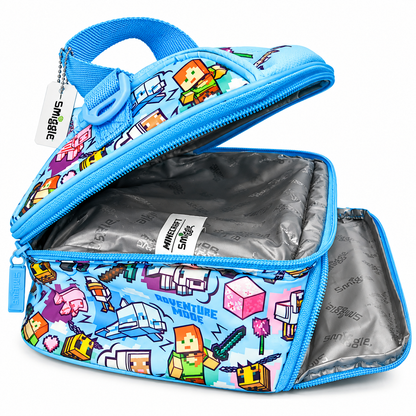 Smiggle x Minecraft Classic Lunchbox for Kids – Insulated Double-Zip School Lunch Bag with Carry Handle, Pixel Character Print – Blue