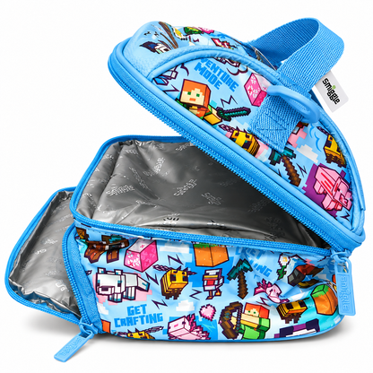 Smiggle x Minecraft Classic Lunchbox for Kids – Insulated Double-Zip School Lunch Bag with Carry Handle, Pixel Character Print – Blue