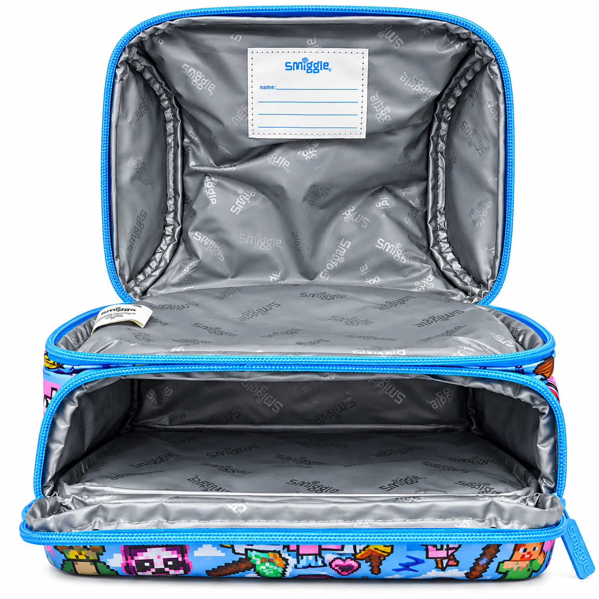 Smiggle x Minecraft Classic Lunchbox for Kids – Insulated Double-Zip School Lunch Bag with Carry Handle, Pixel Character Print – Blue