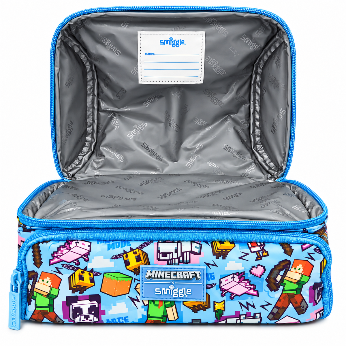 Smiggle x Minecraft Classic Lunchbox for Kids – Insulated Double-Zip School Lunch Bag with Carry Handle, Pixel Character Print – Blue