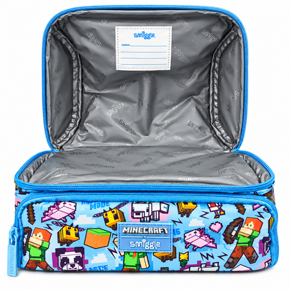 Smiggle x Minecraft Classic Lunchbox for Kids – Insulated Double-Zip School Lunch Bag with Carry Handle, Pixel Character Print – Blue
