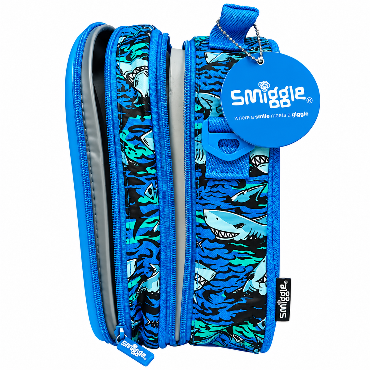Smiggle Shark Hardtop Lunch Bag for Kids – Insulated School Lunch Box with Bottle Pocket, Carry Handle & Shoulder Strap – Blue