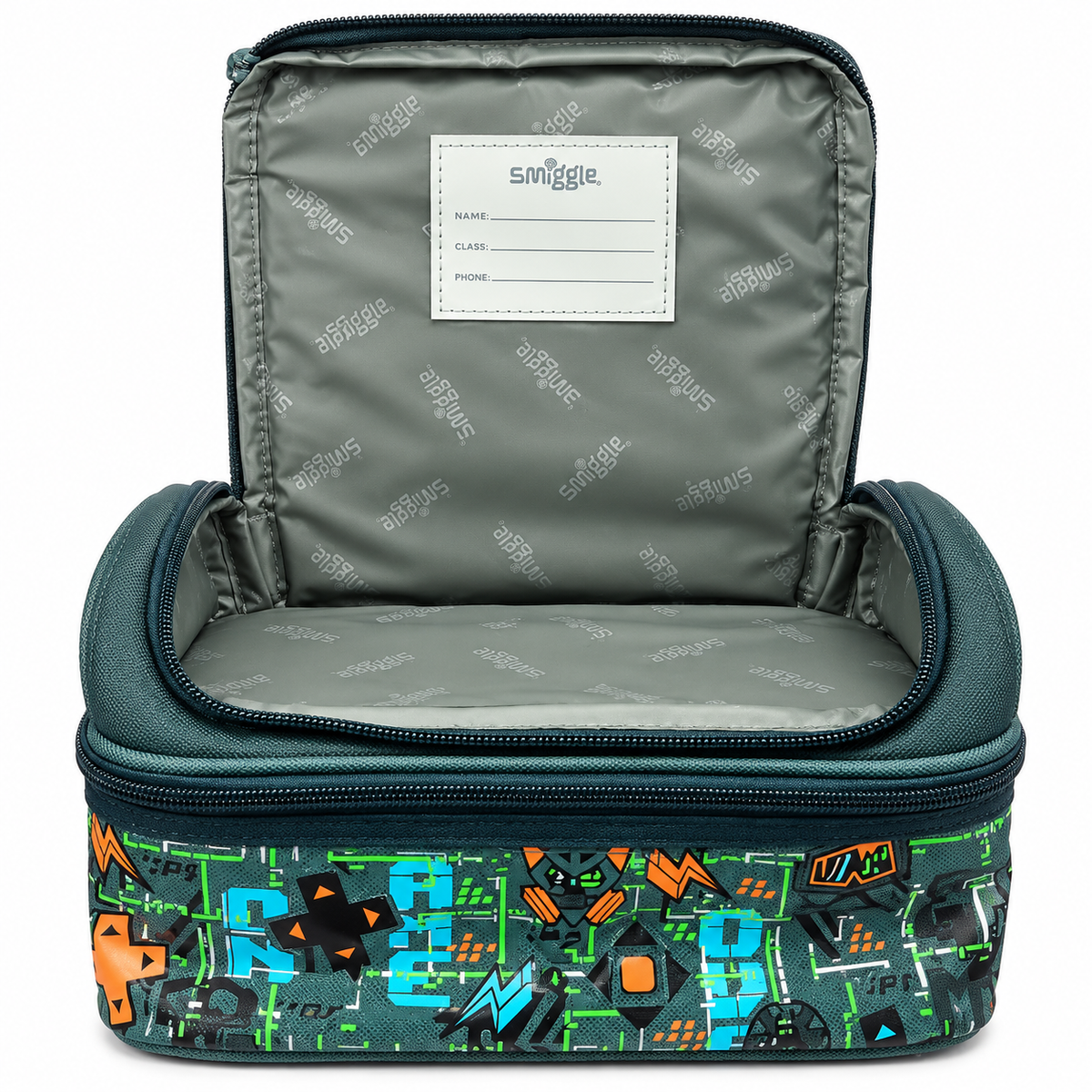Smiggle Teeny Tiny Kids Insulated Lunch Bag – Double Zip School Lunch Box with Carry Handle & Gaming Graphic Print – Grey, Green & Blue