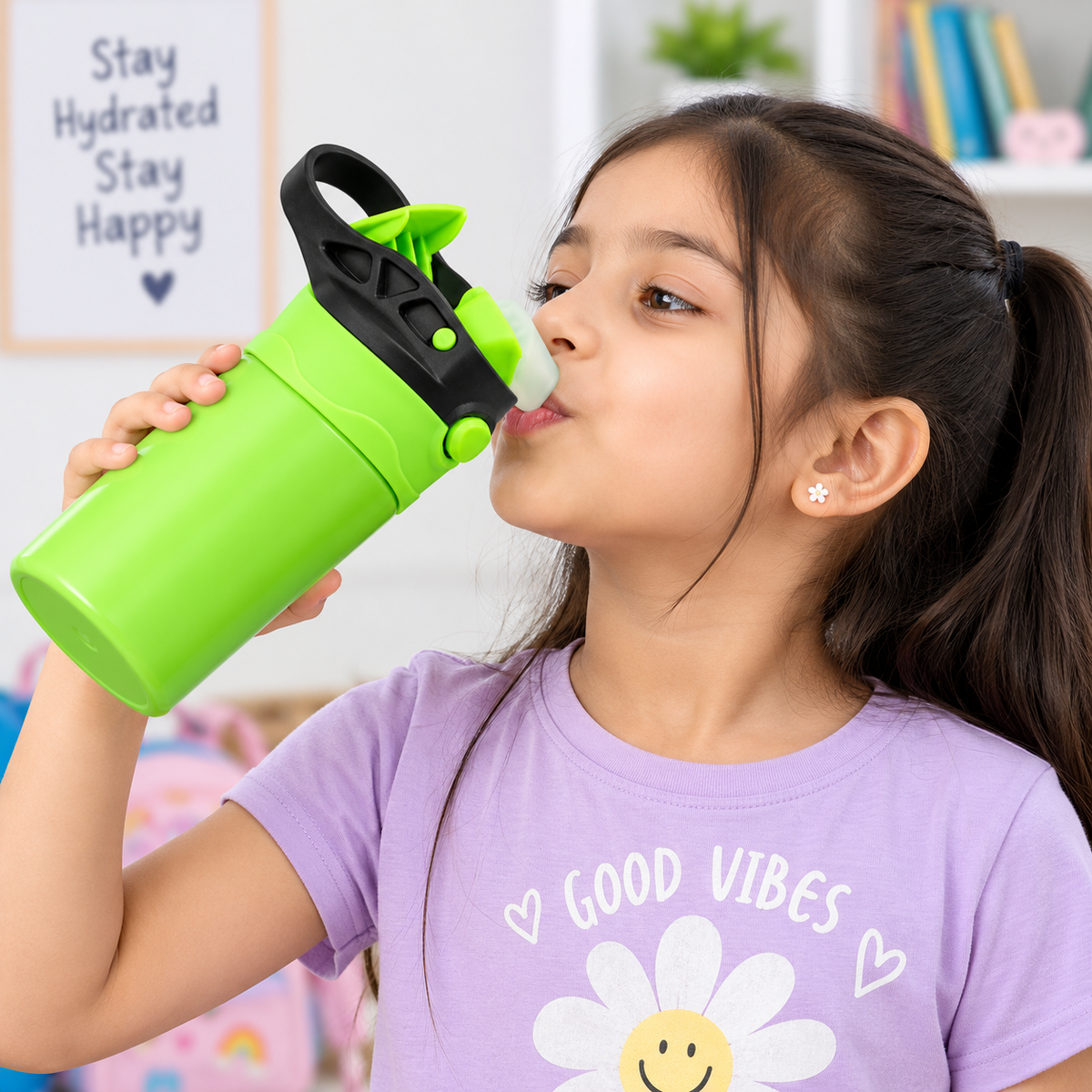 Smiggle Minecraft 520ml / 18 fl oz Stainless Steel Water Bottle for Kids with Push-Button Flip Lid, Drinking Spout & Carry Handle – Black & Green