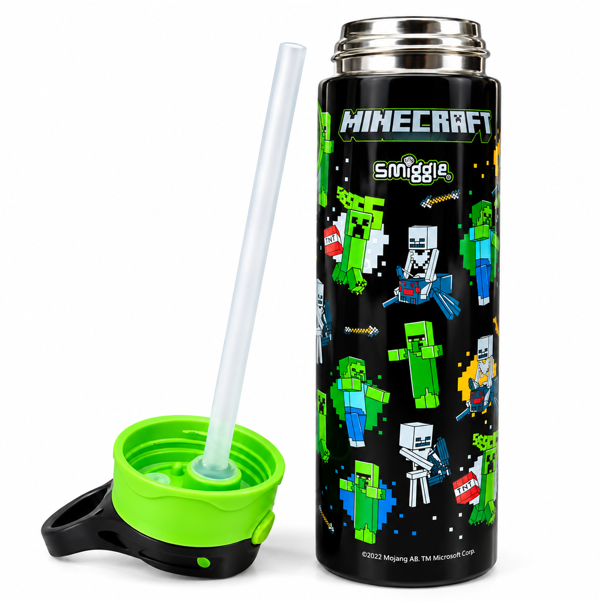 Smiggle Minecraft 520ml / 18 fl oz Stainless Steel Water Bottle for Kids with Push-Button Flip Lid, Drinking Spout & Carry Handle – Black & Green