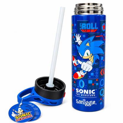 Smiggle Sonic the Hedgehog 520ml / 18 fl oz Stainless Steel Water Bottle for Kids with Push-Button Flip Lid, Drinking Spout & Carry Handle – Blue